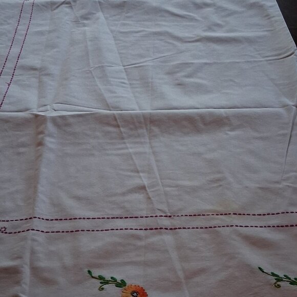 Vintage 1950s Hand Embroidered Easter Basket Tablecloth 72x53 w/ Crochet Trim - Picture 9 of 16